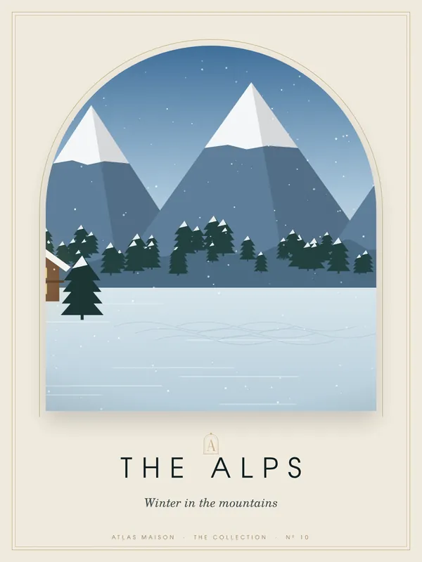 The Alps, Winter in the mountains: an art-deco travel poster from the ATLAS MAISON Collection