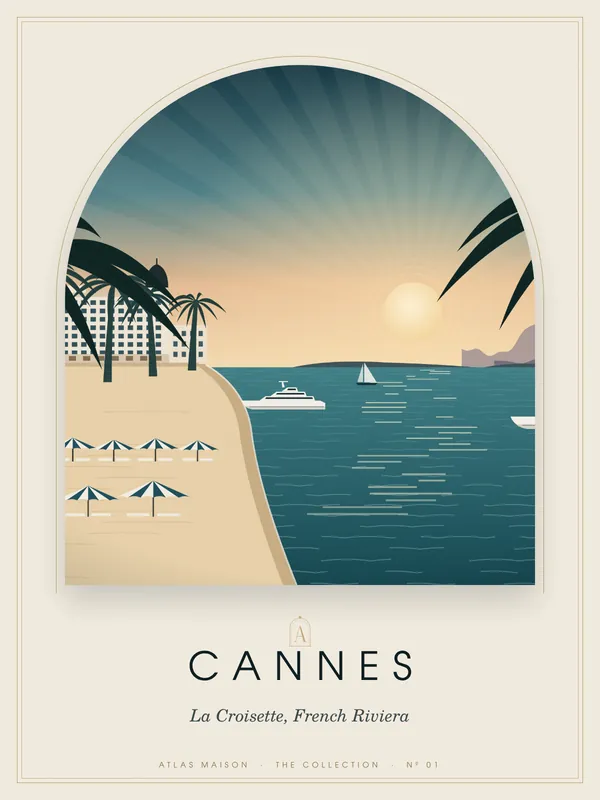 Cannes, La Croisette, French Riviera: an art-deco travel poster from the ATLAS MAISON Collection