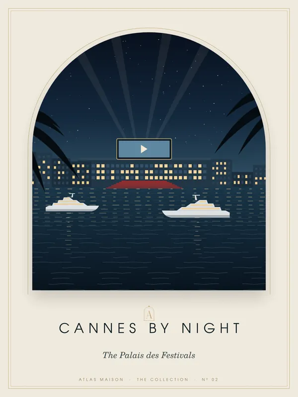 Cannes by Night, The Palais des Festivals: an art-deco travel poster from the ATLAS MAISON Collection
