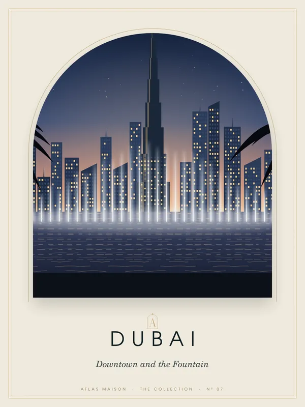 Dubai, Downtown and the Fountain: an art-deco travel poster from the ATLAS MAISON Collection