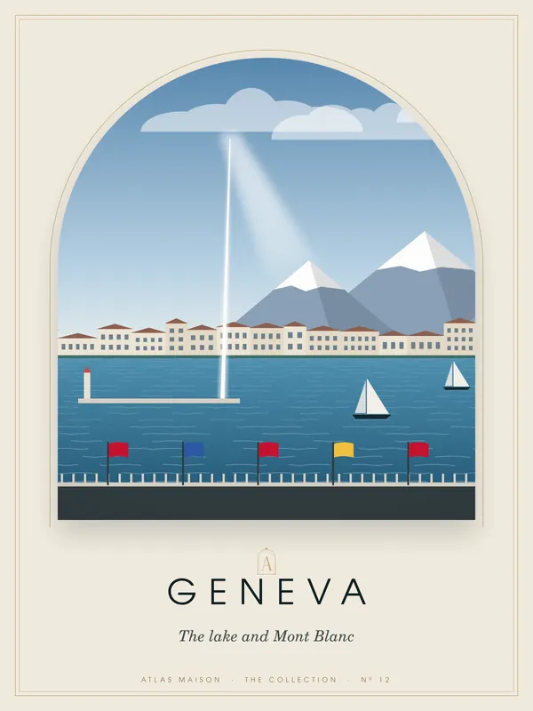 Geneva, The lake and Mont Blanc: an art-deco travel poster from the ATLAS MAISON Collection