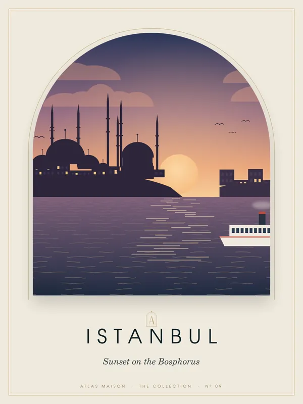 Istanbul, Sunset on the Bosphorus: an art-deco travel poster from the ATLAS MAISON Collection