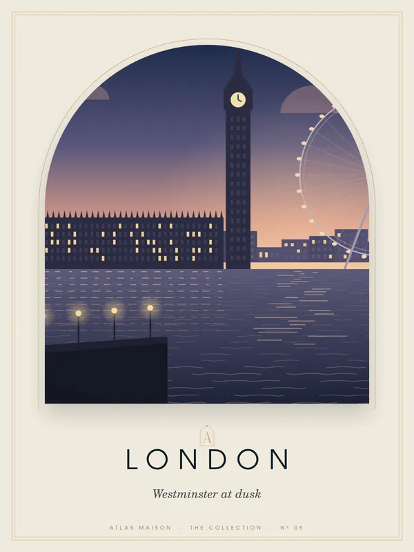 London, Westminster at dusk: an art-deco travel poster from the ATLAS MAISON Collection