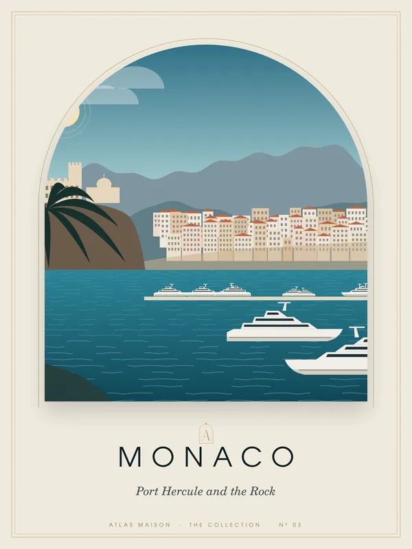 Monaco, Port Hercule and the Rock: an art-deco travel poster from the ATLAS MAISON Collection